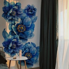 Large Peony Flower Wall Art Decals 3D Boho Fabric Blue Floral Wall Mural Stic...