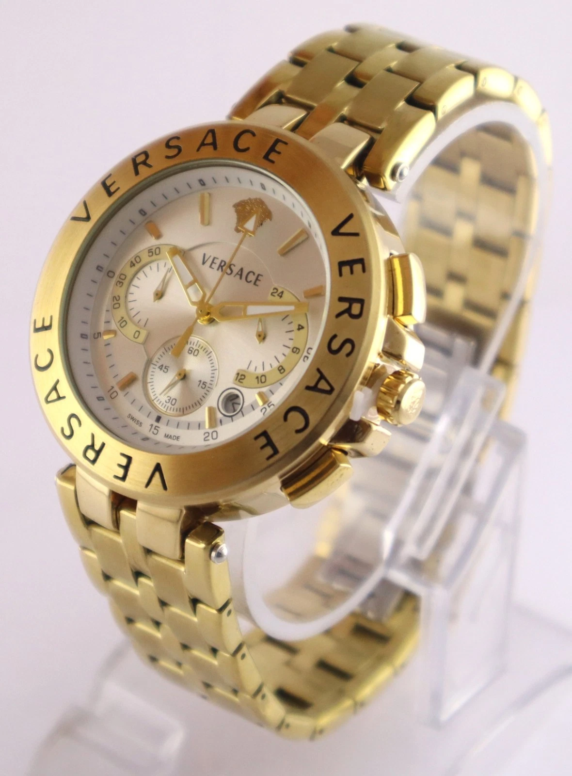 Orologio da Polso Lusso Versace Uomo Quarzo Cronografo Quadrante Argento "Data" Cinturino Acciaio