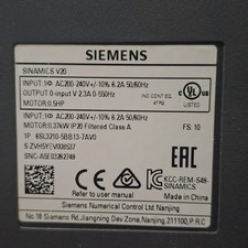 Siemens SINAMICS V20 VFD 0.37kW 0.5HP 1PH 200-240V 6.2A 0-550Hz