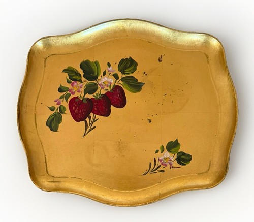 Vintage MCM Nashco Hand Painted Strawberry Gold Toleware Lacquer Tray