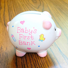 Russ 1985 Ceramic Pig Piggy Bank Baby  s First Bank White/Pink Item 15610