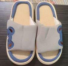 Linen Open Toe House Slippers Blue Grey Waffle Knit Anti-Slip Slides Size 42-43