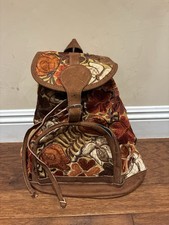 Boho embroidered Tapestry Leather Backpack Style Bag Brown Beige Orange Casual