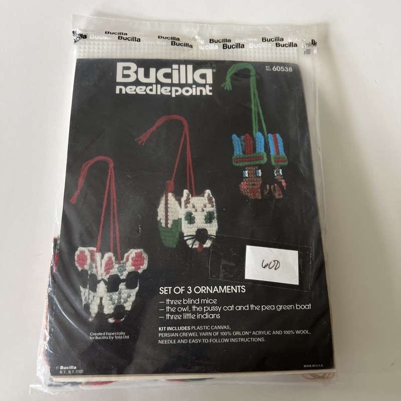 Vtg Bucilla Needlepoint Ornaments 3 Blind Mice Owl Pussycat 3 Little Indians NIP