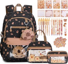 Capybara Theme Backpack for School Girls, Backpack with Stationery Set Black