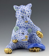 🦋 MINT HEREND Larger Lion Cub Pair Blue Fishnet Cat Figurine $1,230 Retail