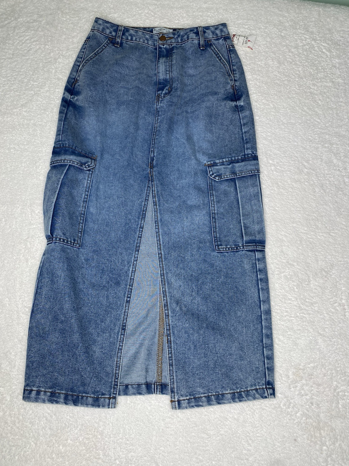 Long Denim Cargo Skirt “Love, Fire” Size 7 Blue jean with Front Slit Y2k 90s