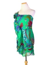 Rene Derhy Size S Green Ruffled One-Shoulder Dress Floral Paisley