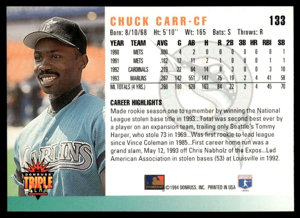 1994 Triple Play Chuck Carr Florida Marlins #133 - Image 2 of 2