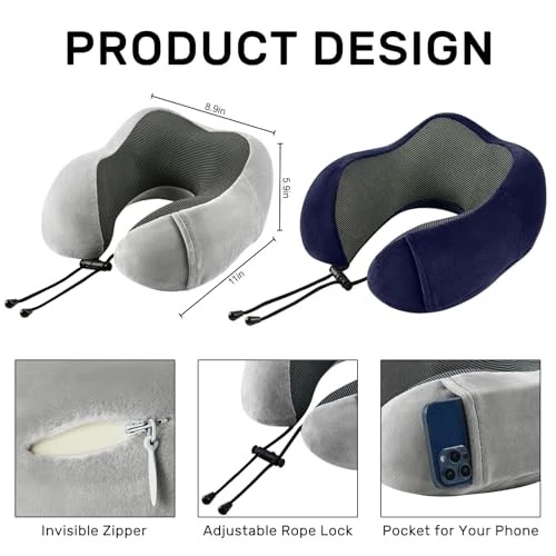 Memory Foam Travel Neck Pillow for Airplanes - Soft Grey & Blue Support