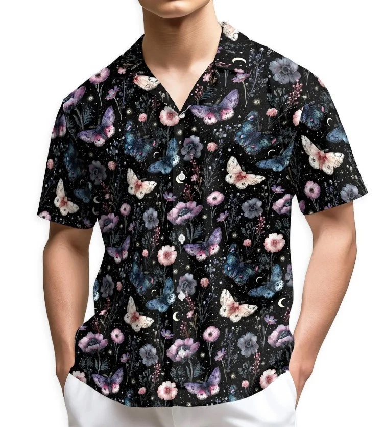 Moon and Flower Hawaiian Shirt, Celestial Aloha Shirt, Floral Button Down