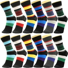 Lot of 12 Pairs New Cotton Men Striped Style Dress Socks Size 10-13 Multi-Colors