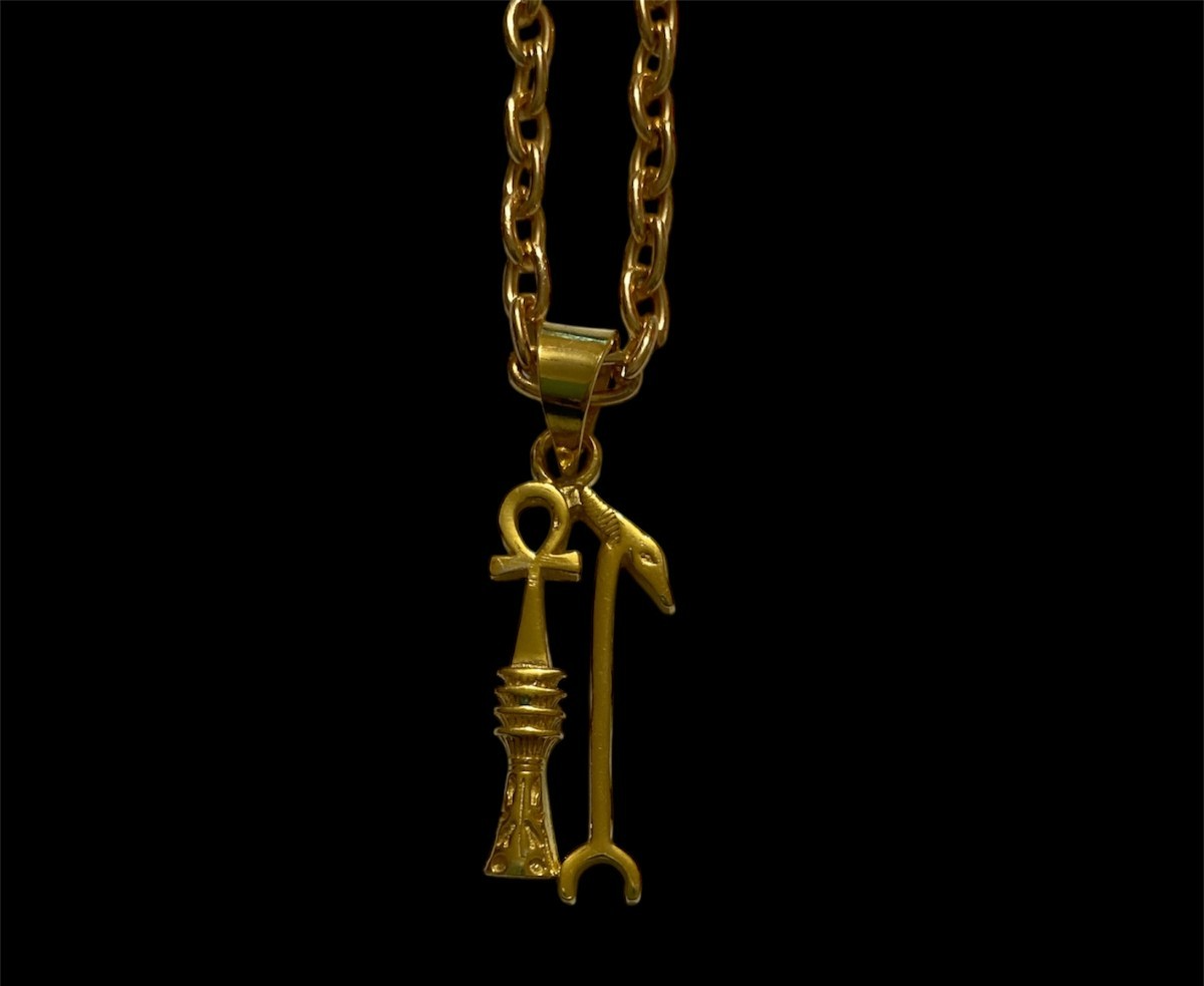 Rare Sceptre Staff with Djed and Ankh Key Pendant from 925 Sterling Silver