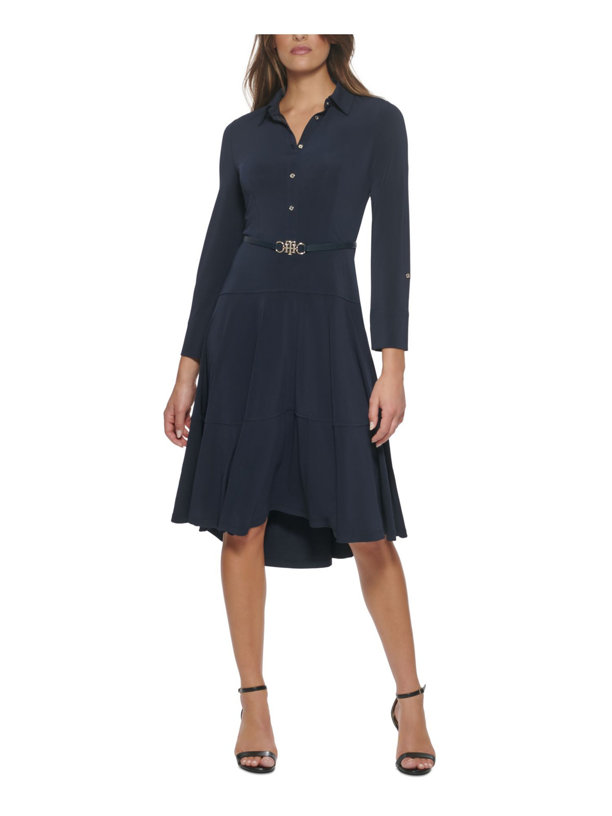 TOMMY HILFIGER Womens Navy Belted Button Front Hem Midi Shirt Dress 16