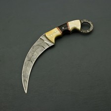 Handmade Damascus Steel Karambit Knife with Bone & Wood Handle – Premium Sheath