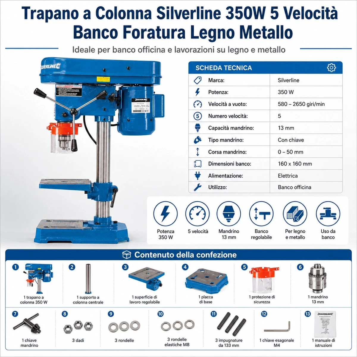 Taladro de columna de banco Silverline 350W 230V 5 velocidades husillo 13 mm