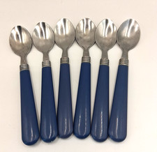 Set of 6 Vintage Stainless Infant Toddler Spoons Plastic Handles Blue