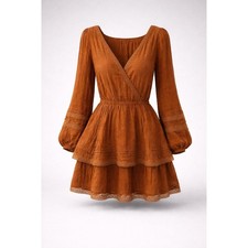 American Eagle Rust Brown Embroidered Lace Tiered Mini Dress Long Sleeve Medium