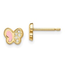 14k Yellow Gold CZ Pink Enamel Butterfly Button Stud Earrings Gift for Her