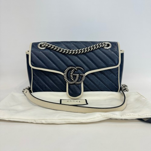 Gucci GG Marmont 26 Navy Blue Off White Quilted Calfskin Shoulder/Crossbody Bag