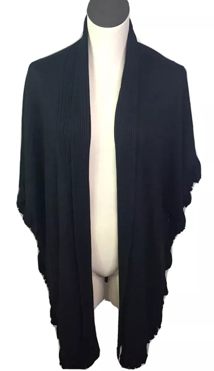 Joseph A. Womens Shawl Sweater Black Button Sides Ruffle Trim Plus