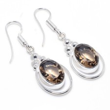 Smoky Quartz  Gemstone Handmade 925  Sterling Silver Jewelry Earrings Size 1.20"