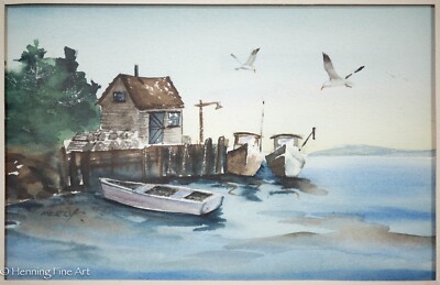 Charming Vintage Watercolor Painting of Coastal Landscape and