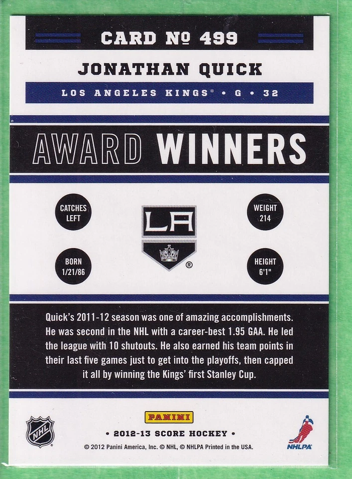 2012-13 Score #499 Award Winners Jonathan Quick Los Angeles Kings - Image 2 of 2