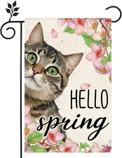 Cat Hello Spring Flowers Garden Flag 12X18 Double-Sided Green Spring Welcome Yar