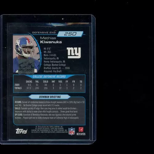 2006 Bowman Chrome Rookie Auto Mathias Kiwanuka #250 Rookie Auto RC - Image 2 of 2