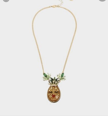 $48 Betsey Johnson gold  tone  summer picnic pineapple face necklace rare bh1b