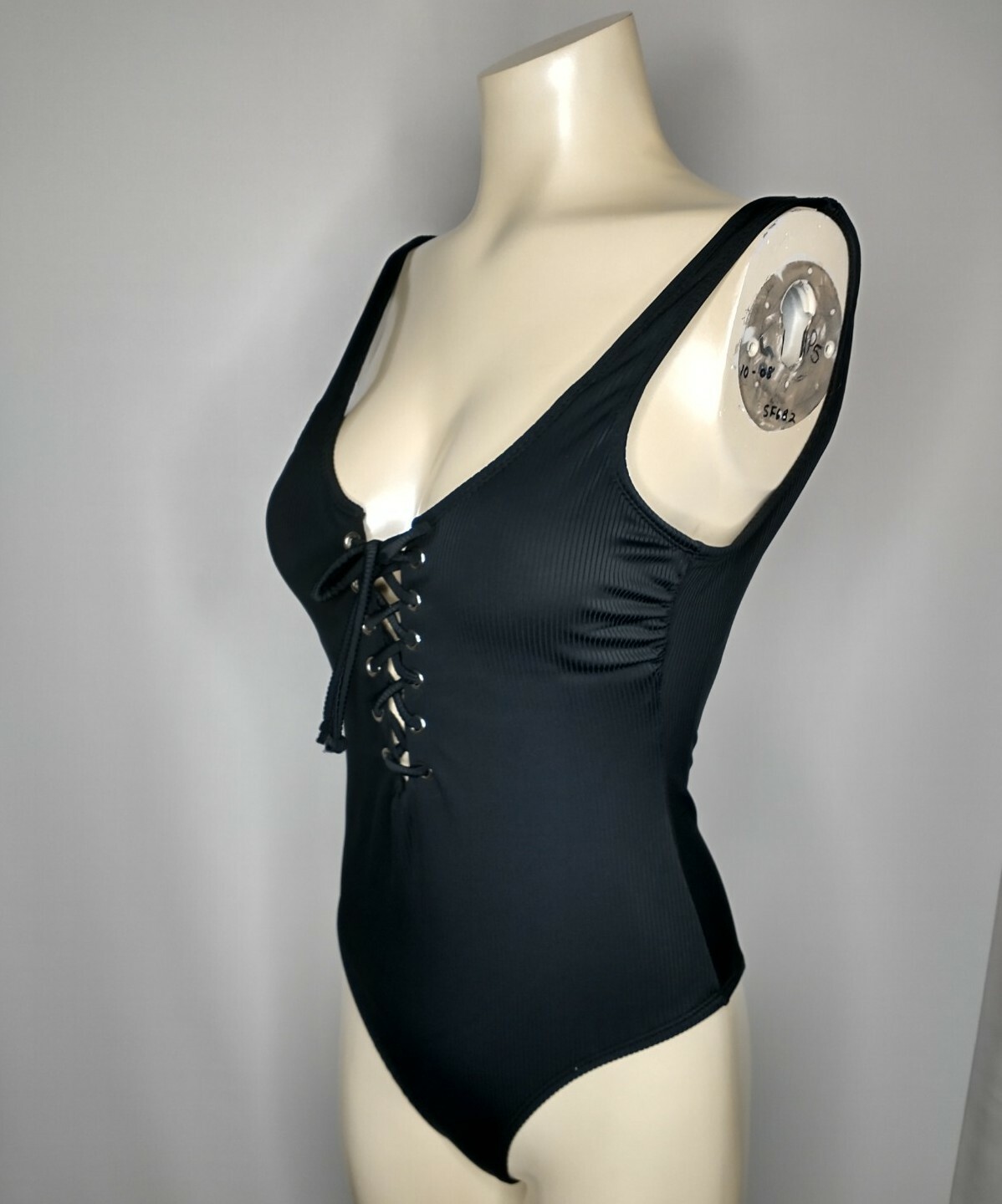 California Waves Cheeky Black Ribbed Lace-Up One Piece Swimsuit Size S New