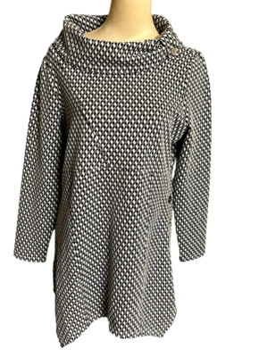 Peck & Peck Houndstooth Cowl Neck Black White Silver Button Shift Mini Dress M