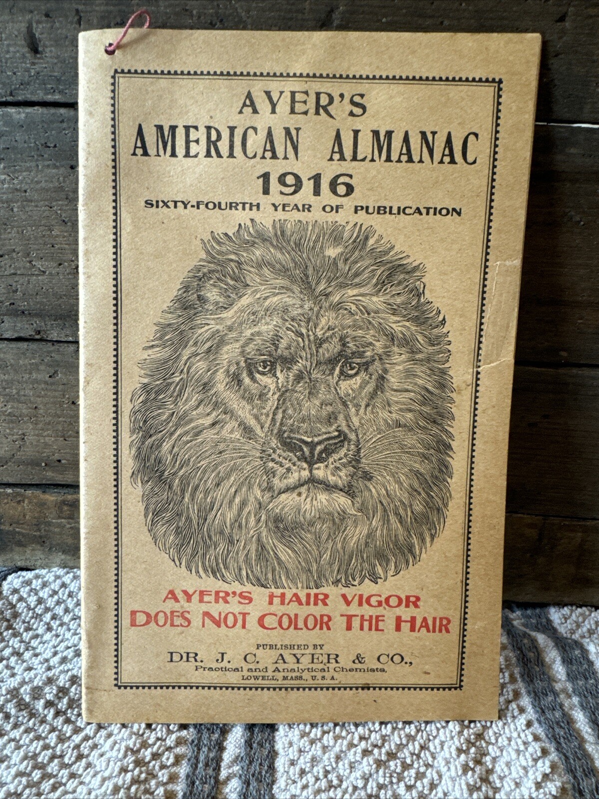 Antique 1916 Ayer's American Almanac Lion's Mane on Cover 7.75