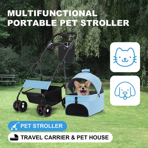 Foldable Pet Strollers 4 Wheels Carrier Cart w/Cup Holder for Cats & Dogs Blue - Picture 10 of 12