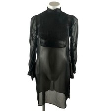 Zara Black Sheer Smocked High Neck Smocked Front Panel Ruched Sleeve Dress XS