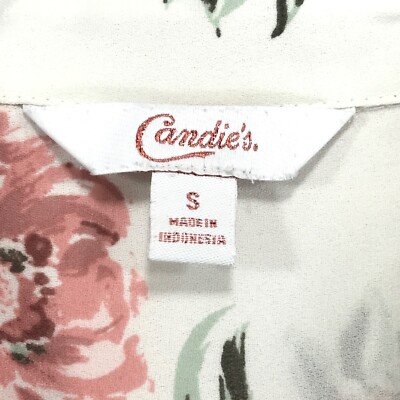 Candies Blouse Women's S Ivory Pink Green Poly 2 Pocket Roll
