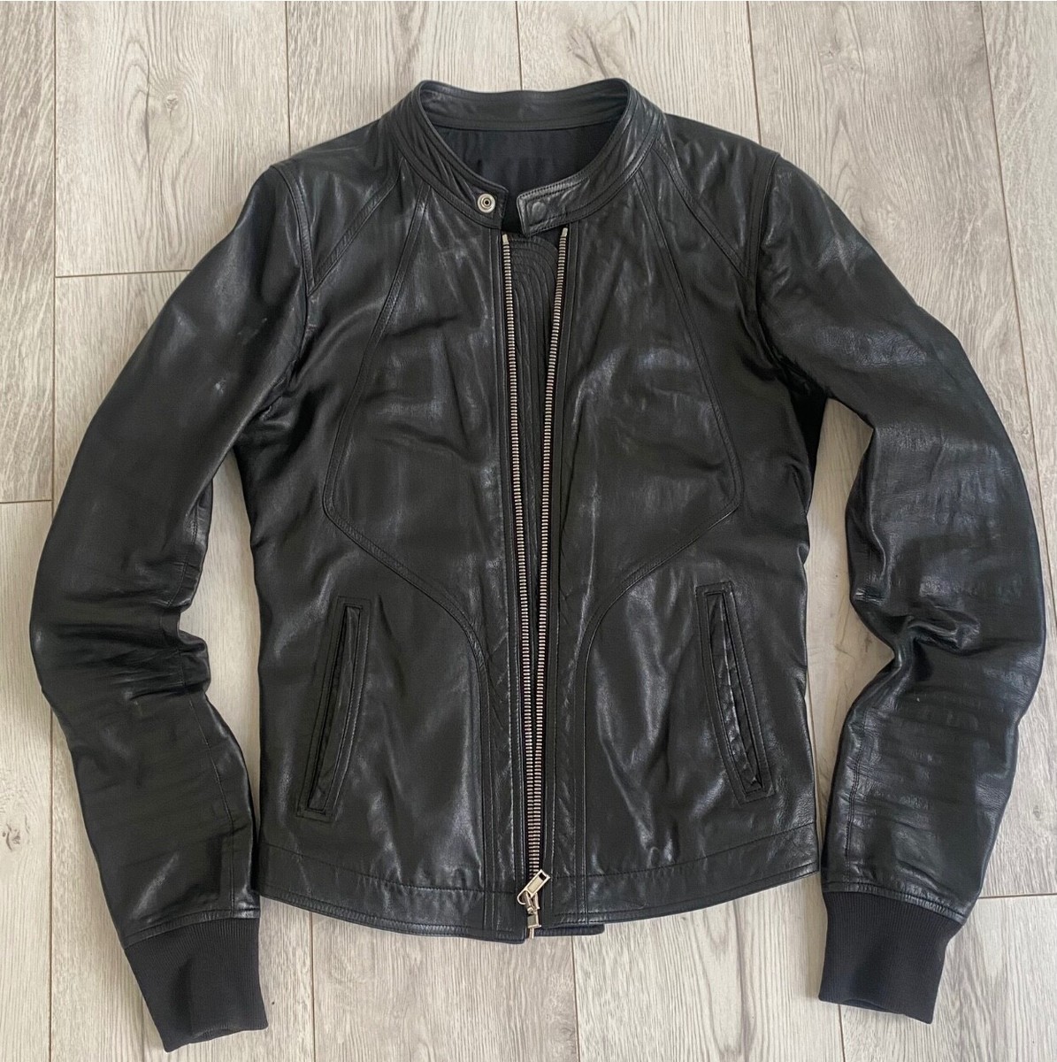 Archival Rick Owens Intarsia Jacket Black Leather Zip Biker Bomber