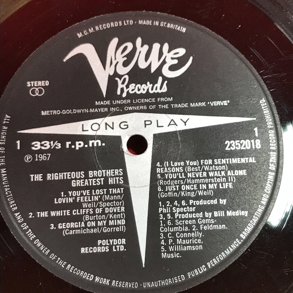 THE RIGHTEOUS BROTHERS Greatest Hits 1967 UK vinyl LP best of Unchained Melody - Image 4 of 4