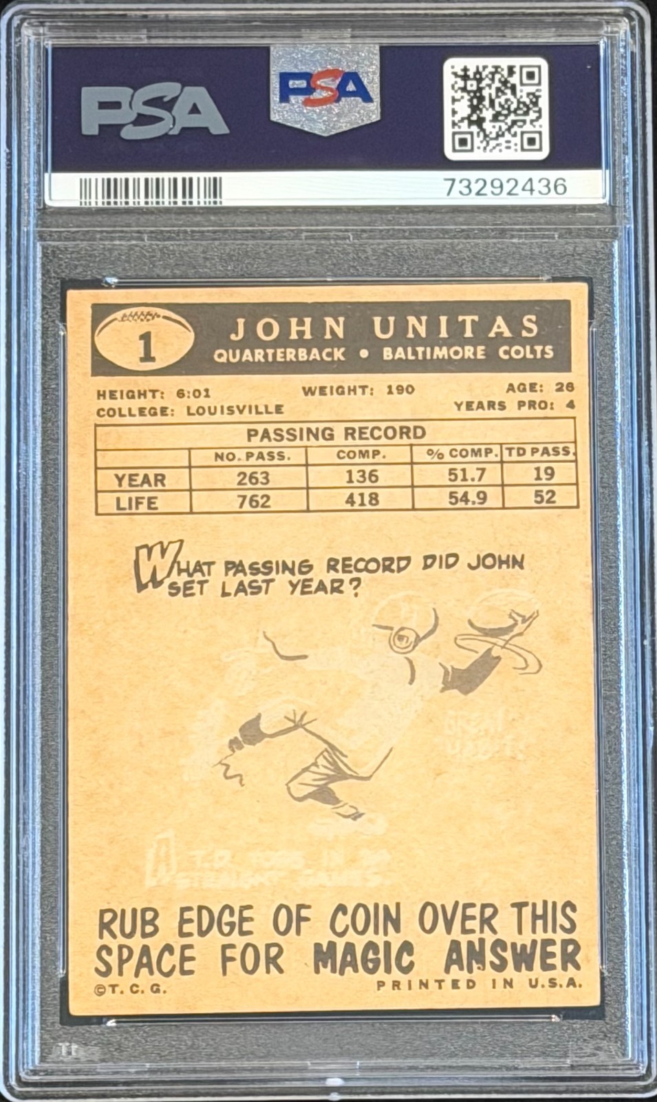 Johnny Unitas HOF BALTIMORE COLTS 1959 Topps Card VERY HI-END CNTR, COLOR PSA 4 view 2