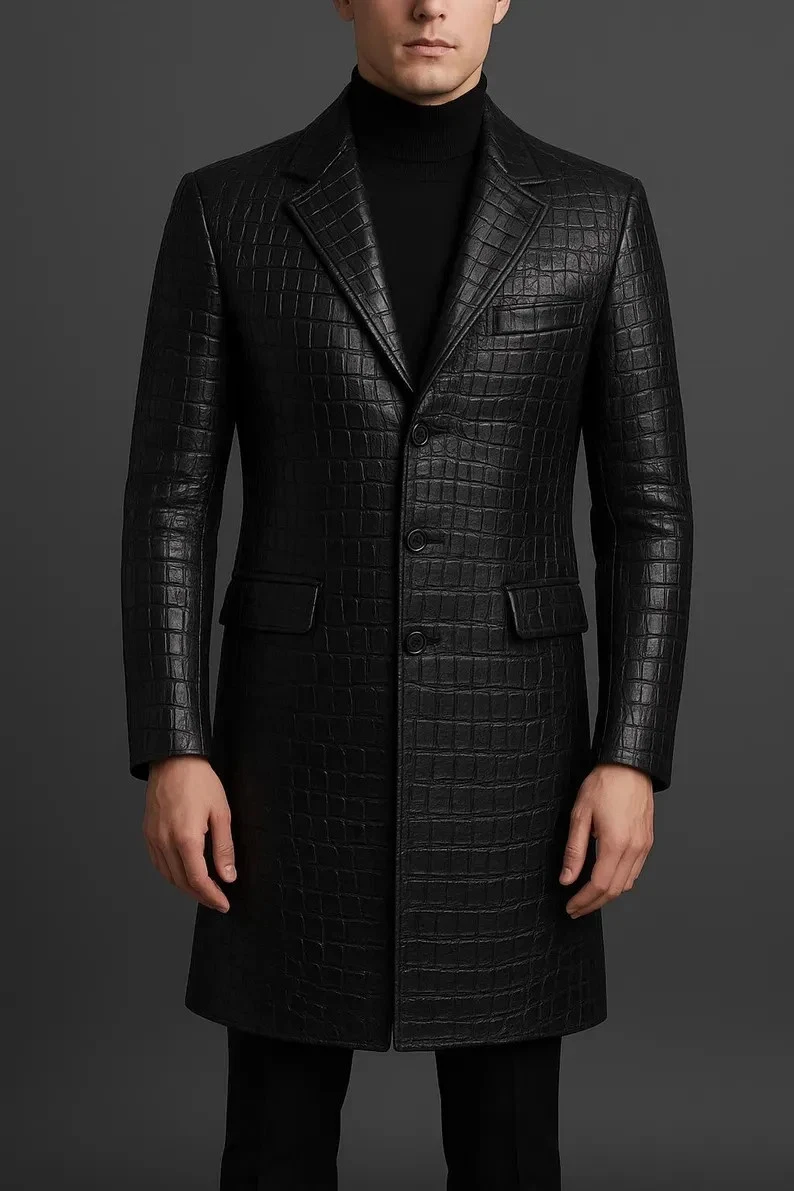 Men's Crocodile Embossed Leather Coat Handmade Genuine Leather Long