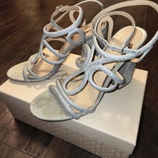 Badgley Mischka Jewel Shari Silver High Blocked Heel Evening Shoes Sz 10 NIB