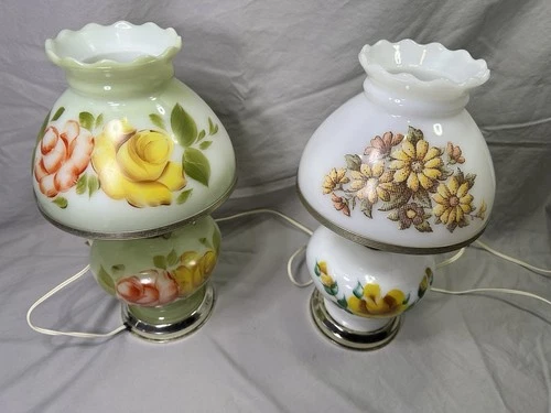 Vintage MCM Floral Rose Hand Painted Milk Glass Hurricane Parlor Lamp GWTW