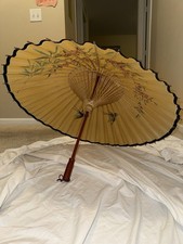 Vintage Asian Lacquer Paper Bamboo Umbrella Parasol Colorful Wood Work