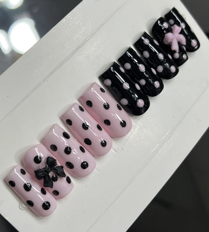 🌸 CUSTOM Press On Nails PINK BLACK POLKA DOTS  BOW 10p SET W Kit - Image 3 of 4
