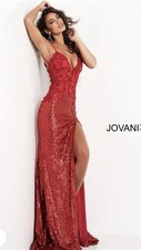 Jovani Red Floral Sequin Lace V-Neck Backless Slit Long Gown size 14 $700