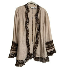 Chico's Blazer Jacket Tan Cheetah Animal Print Embellishments 100 Linen Sz 2/L