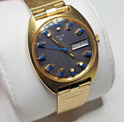 VTG ELGIN 1960s-70s Men's Manual Wind Grey Blue Gold-Tone Watch 17