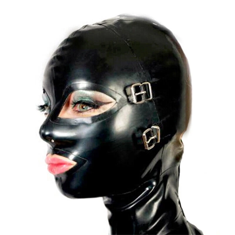 Latex Rubber Hood with Removable Eyes and Mouth Mask Open Eyes Mouth Back Zipper - Image 3 of 4
