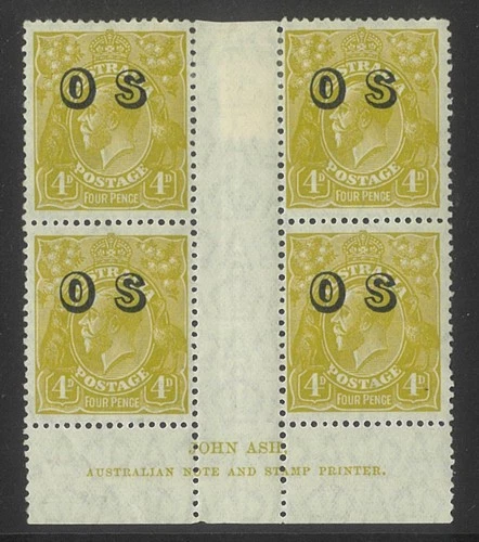 Australia KGV Block/4 Stamps Small Mult WMK 4d Olive Ovpt OS Ash Imprint MLH/MUH